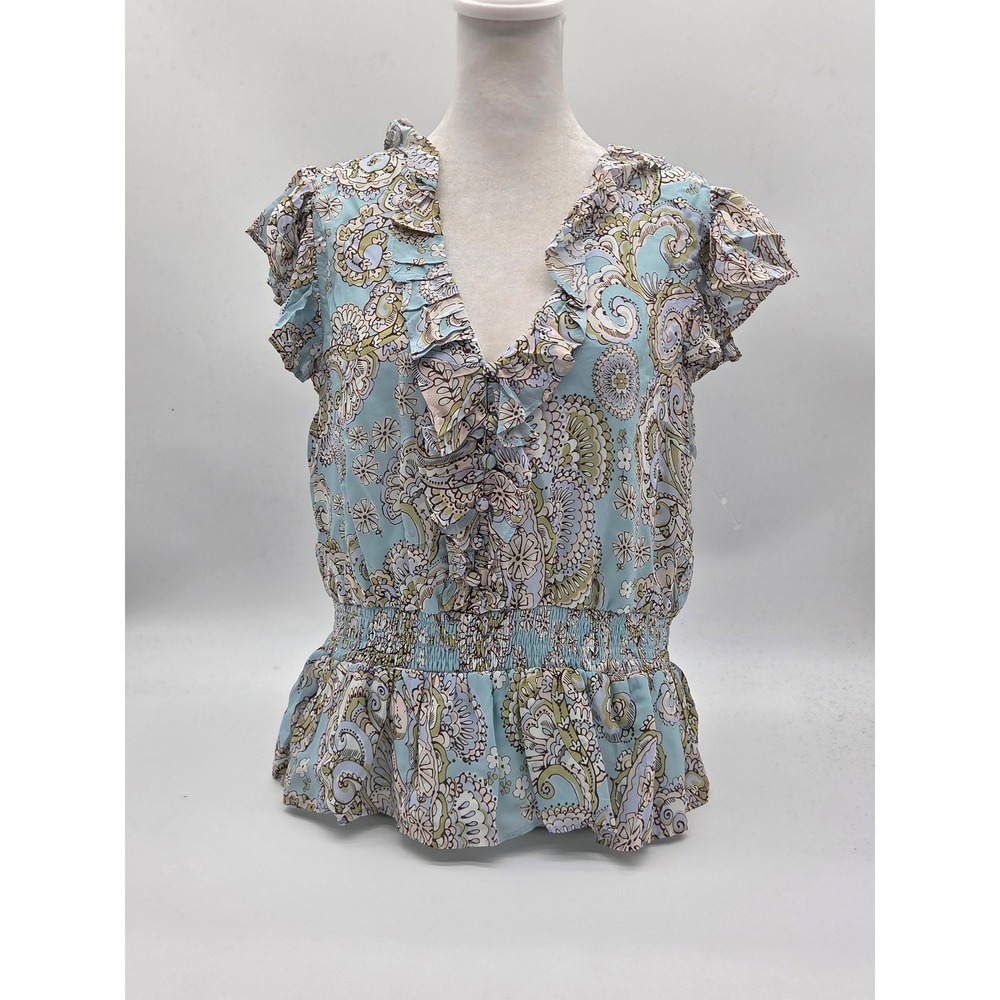 Parker Women's L Blue Paisley Ruffle Peplum Blouse Viscose 101-434